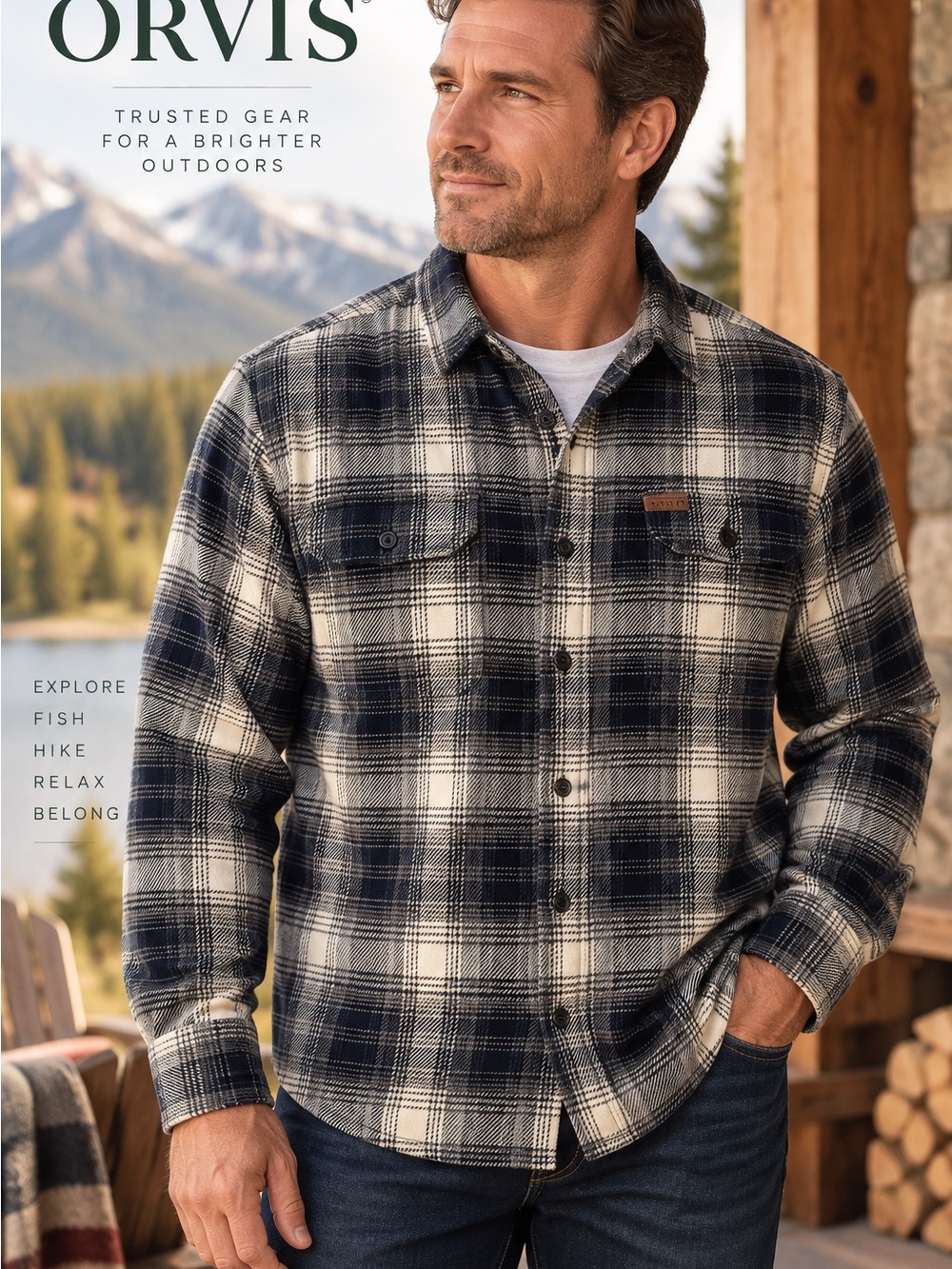 Orvis Men’s XL Heavyweight Plaid Flannel Shirt Navy Cream 100% Cotton